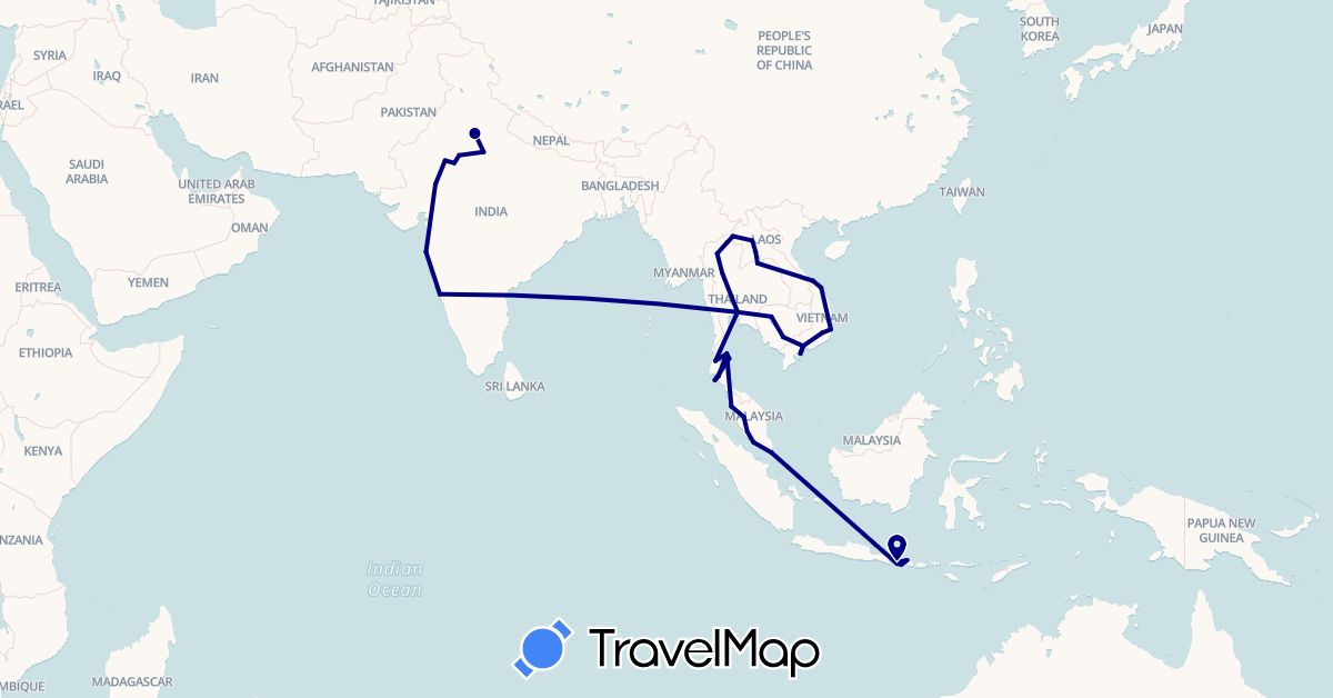 TravelMap itinerary: driving in Indonesia, India, Cambodia, Laos, Malaysia, Singapore, Thailand, Vietnam (Asia)